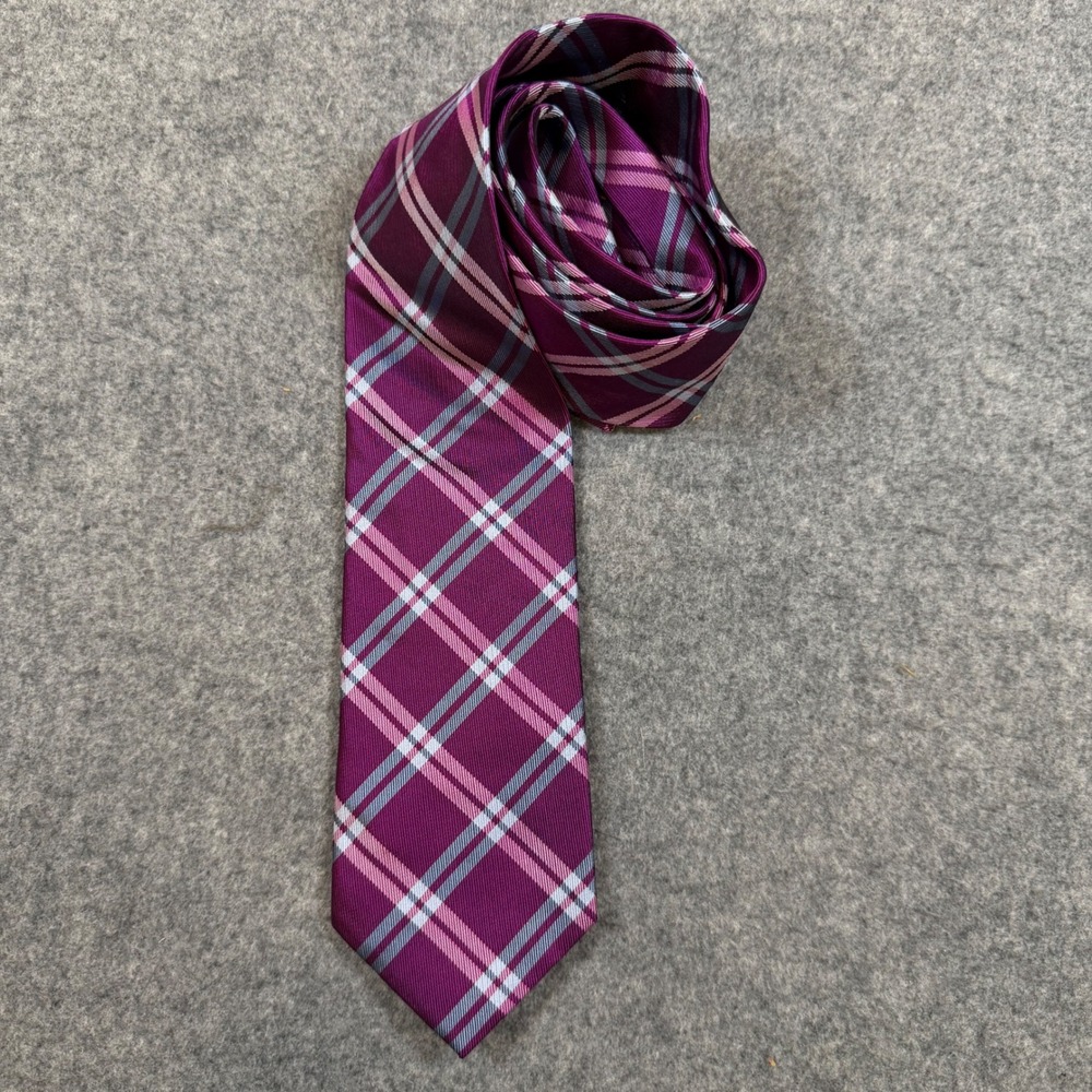 Charles Tyrwhitt Mens Purple Pink Grey Plaid 100% Silk Necktie RN116036